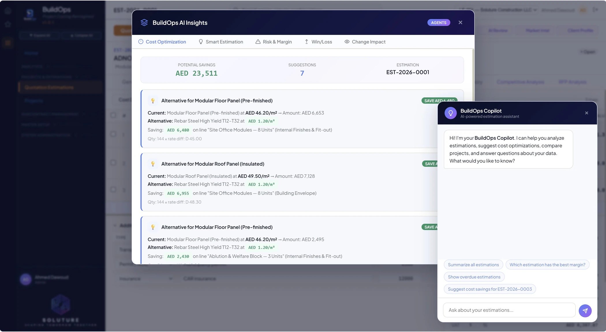 BuildOps AI Insights — Cost Optimization with material alternatives, plus the BuildOps Copilot conversational assistant