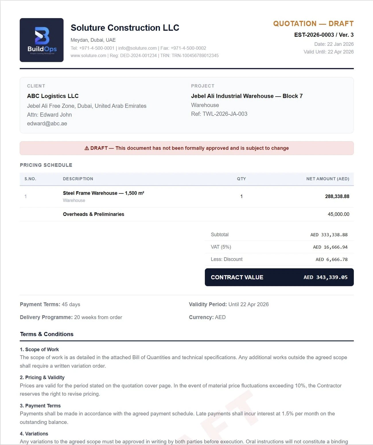 BuildOps Quotation report — branded with Soluture Construction LLC company identity, including header, TRN, draft watermark, pricing schedule, contract value summary, and full terms & conditions