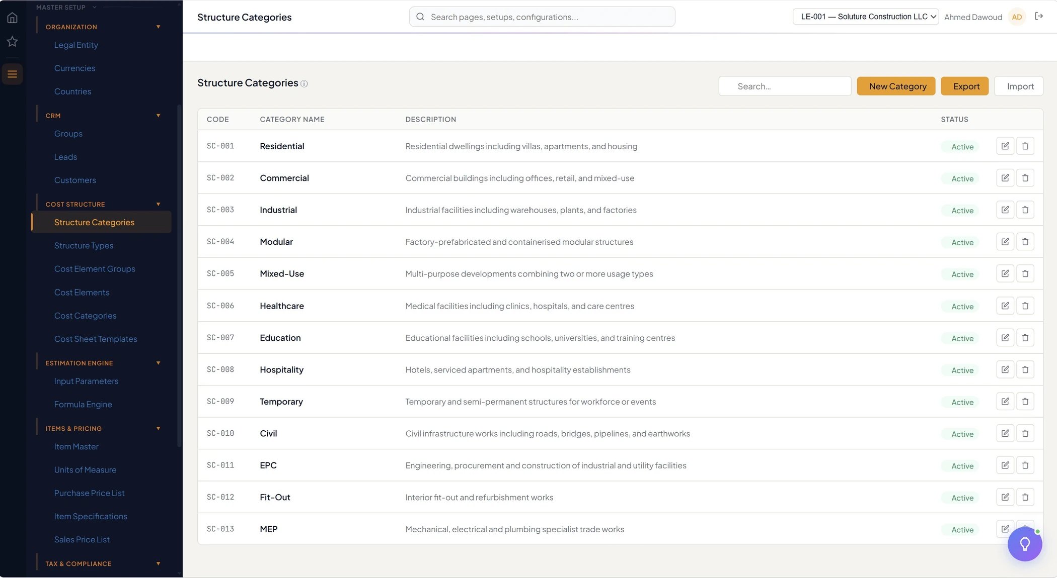 BuildOps Master Setup — Structure Categories grid, with the full Master Setup navigation showing Organization, CRM, Cost Structure, Estimation Engine, Items & Pricing, Tax & Compliance