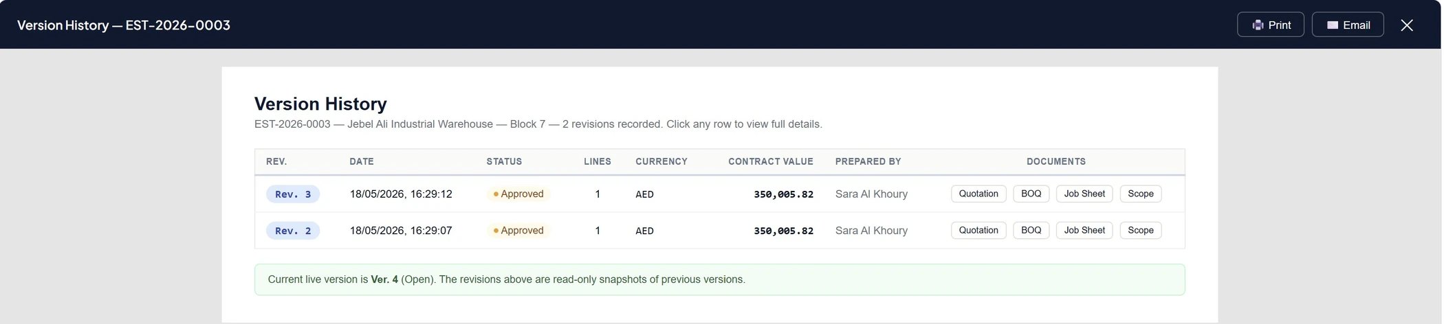 BuildOps Version History modal with revision snapshots and document links